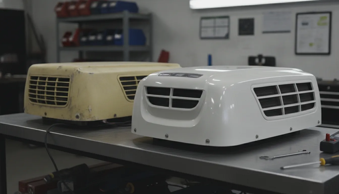 Two RV rooftop air conditioner units side by side showing the size and design difference between older and newer models