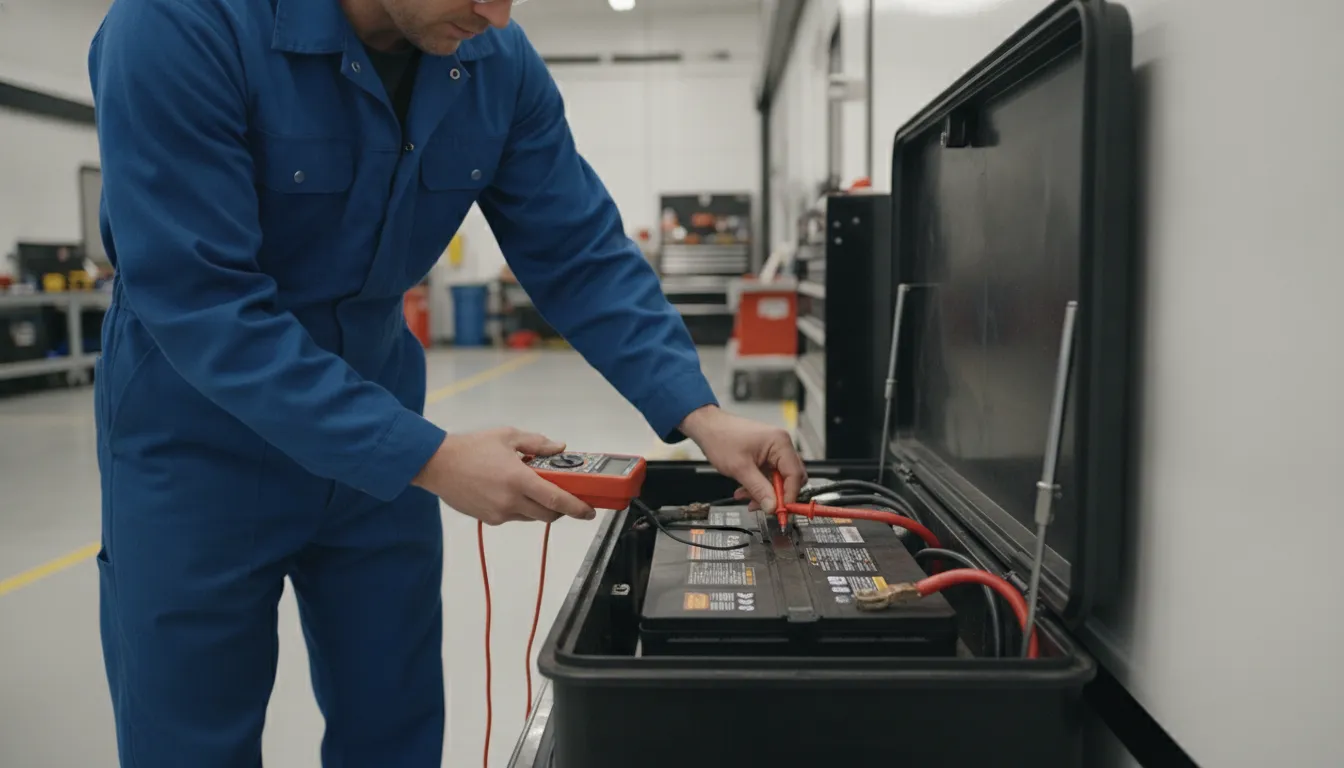 Technician performing a safe visual inspection of an RV battery compartment