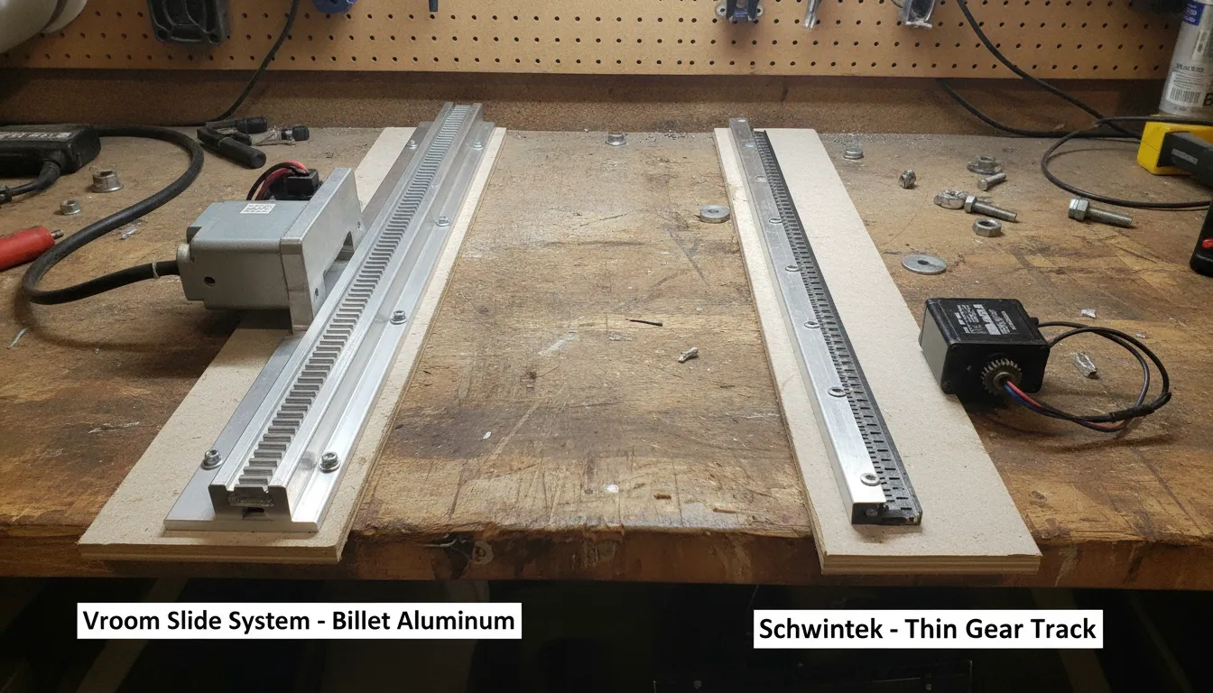 Side-by-side comparison of Vroom Slide System billet aluminum components next to standard Schwintek gear track