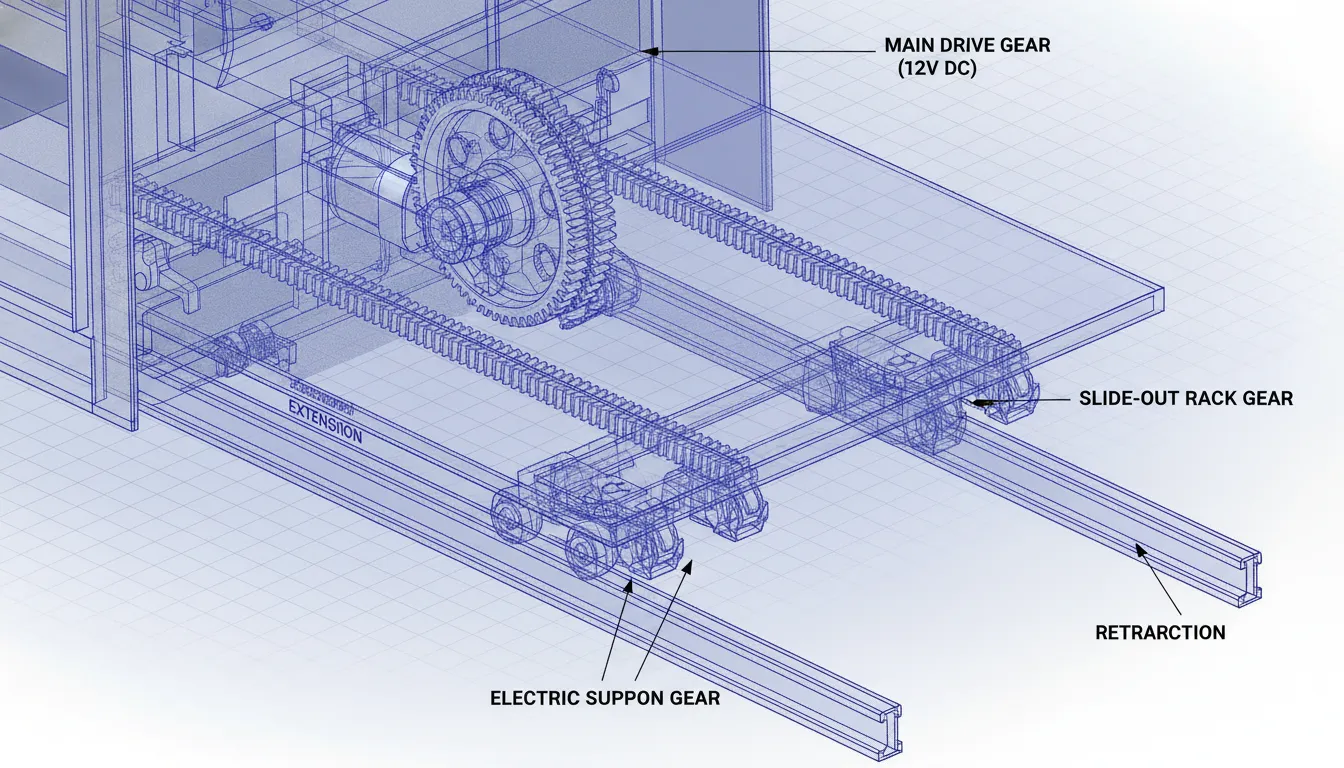 Technical diagram of RV slide-out gears and track system