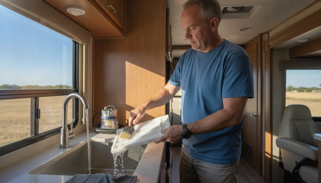 Owner cleaning an RV AC return-air filter