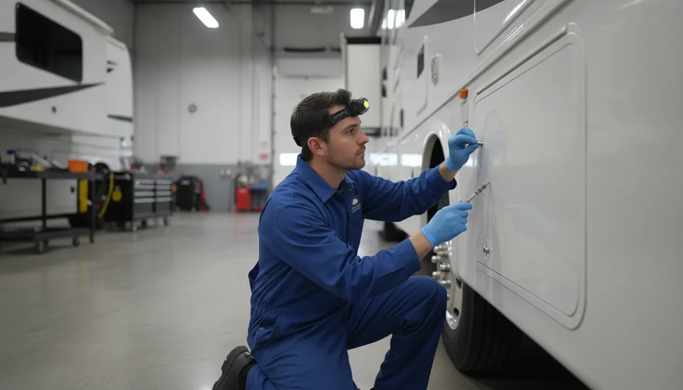 Technician checking an RV sidewall for early fiberglass delamination signs