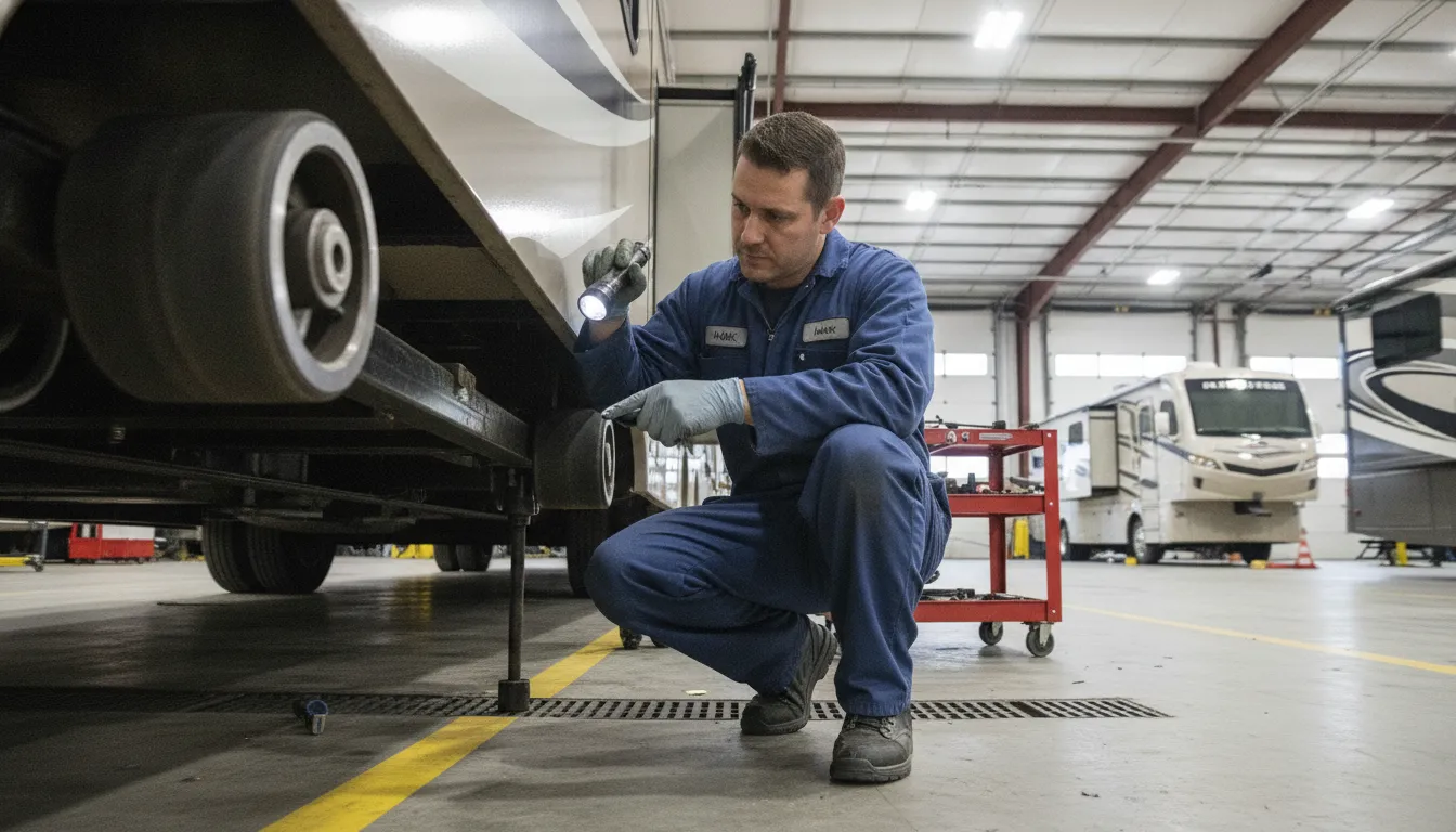 Professional RV technician inspecting slide-out roller mechanism