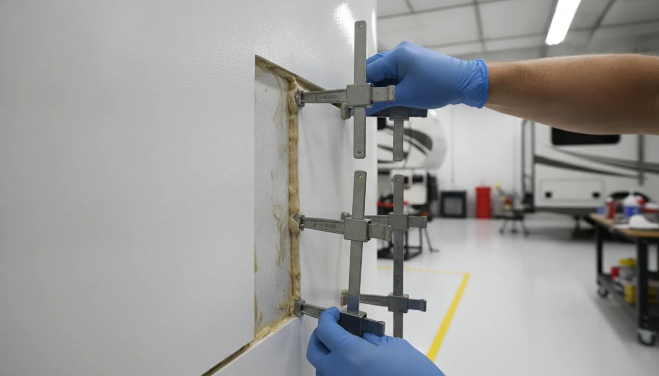 Professional RV fiberglass delamination repair in a body shop