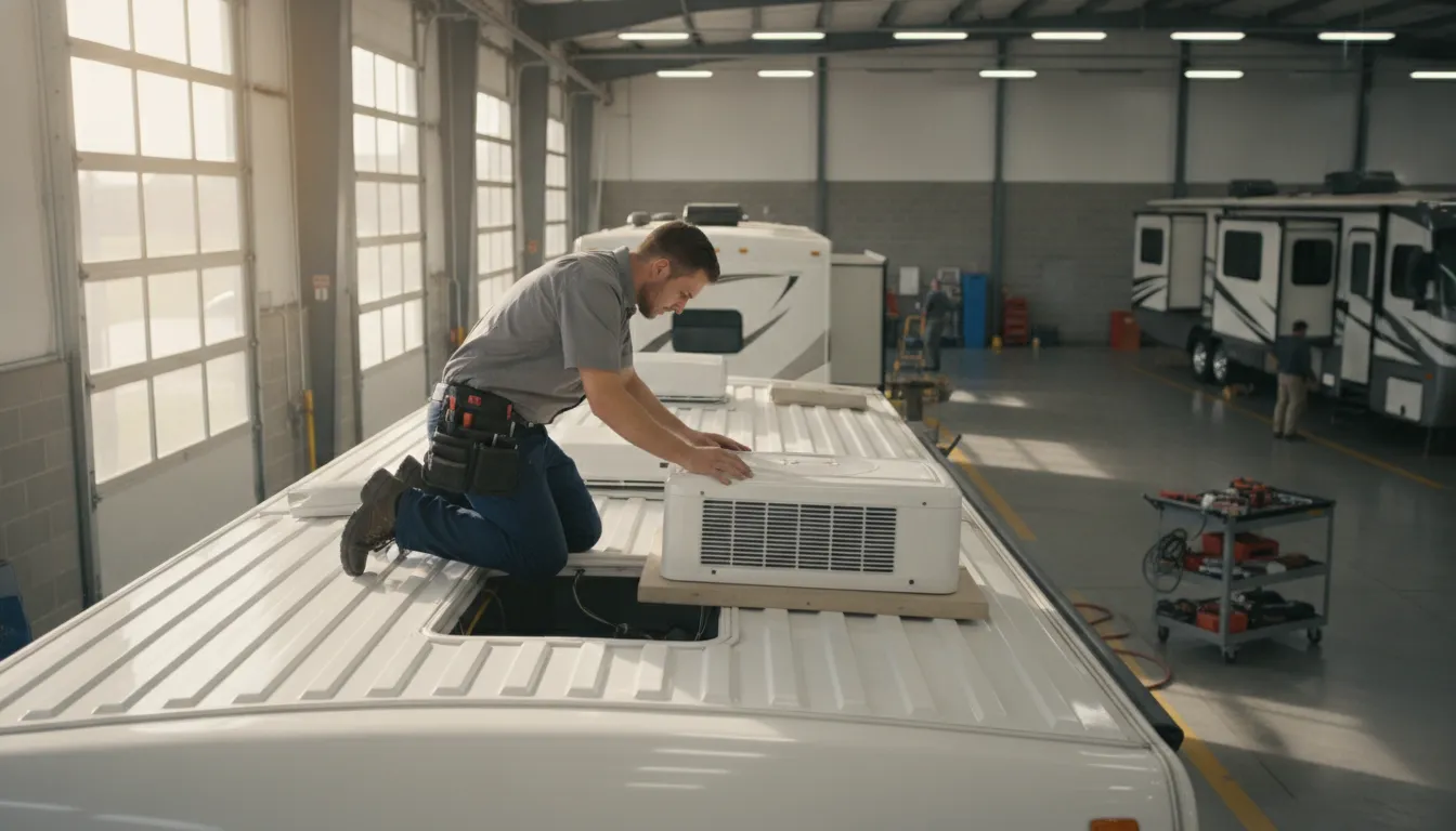 RV service technician working on a rooftop air conditioner installation in a professional service bay