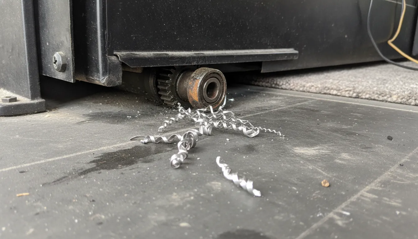 Aluminum shavings on RV floor indicating slide-out roller bearing wear