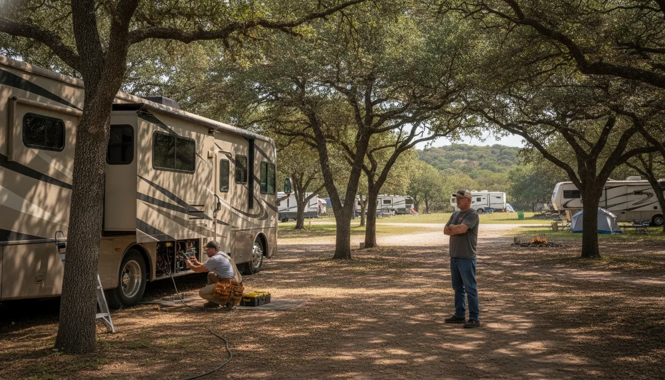 RV owner and technician checking a battery compartment before travel