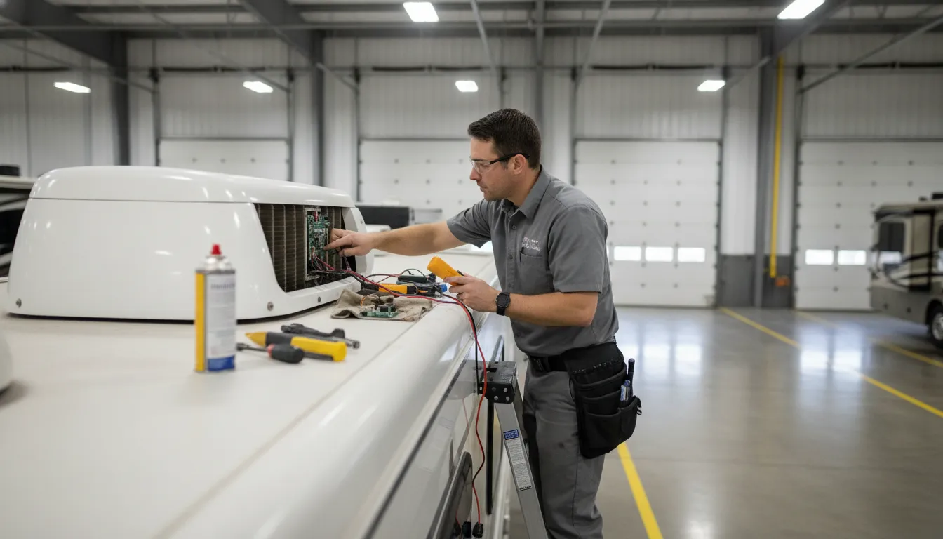 Technician inspecting a rooftop RV air conditioner