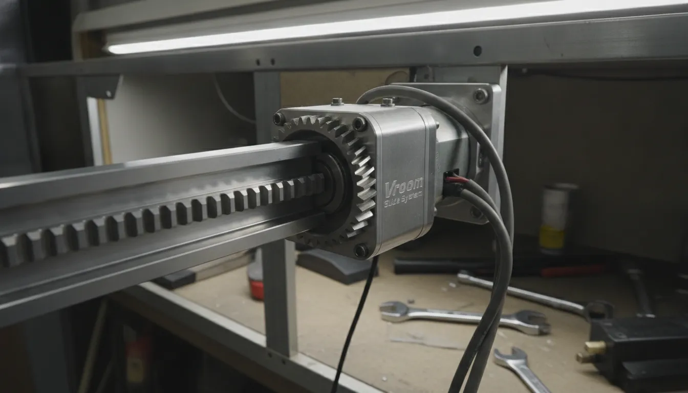 Close-up of heavy-duty billet aluminum Vroom Slide System gear rack and drive mechanism