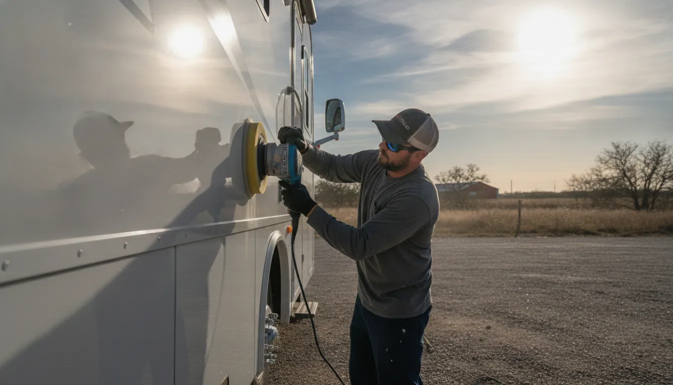 Technician polishing the fiberglass exterior of a motorhome during an RV detail