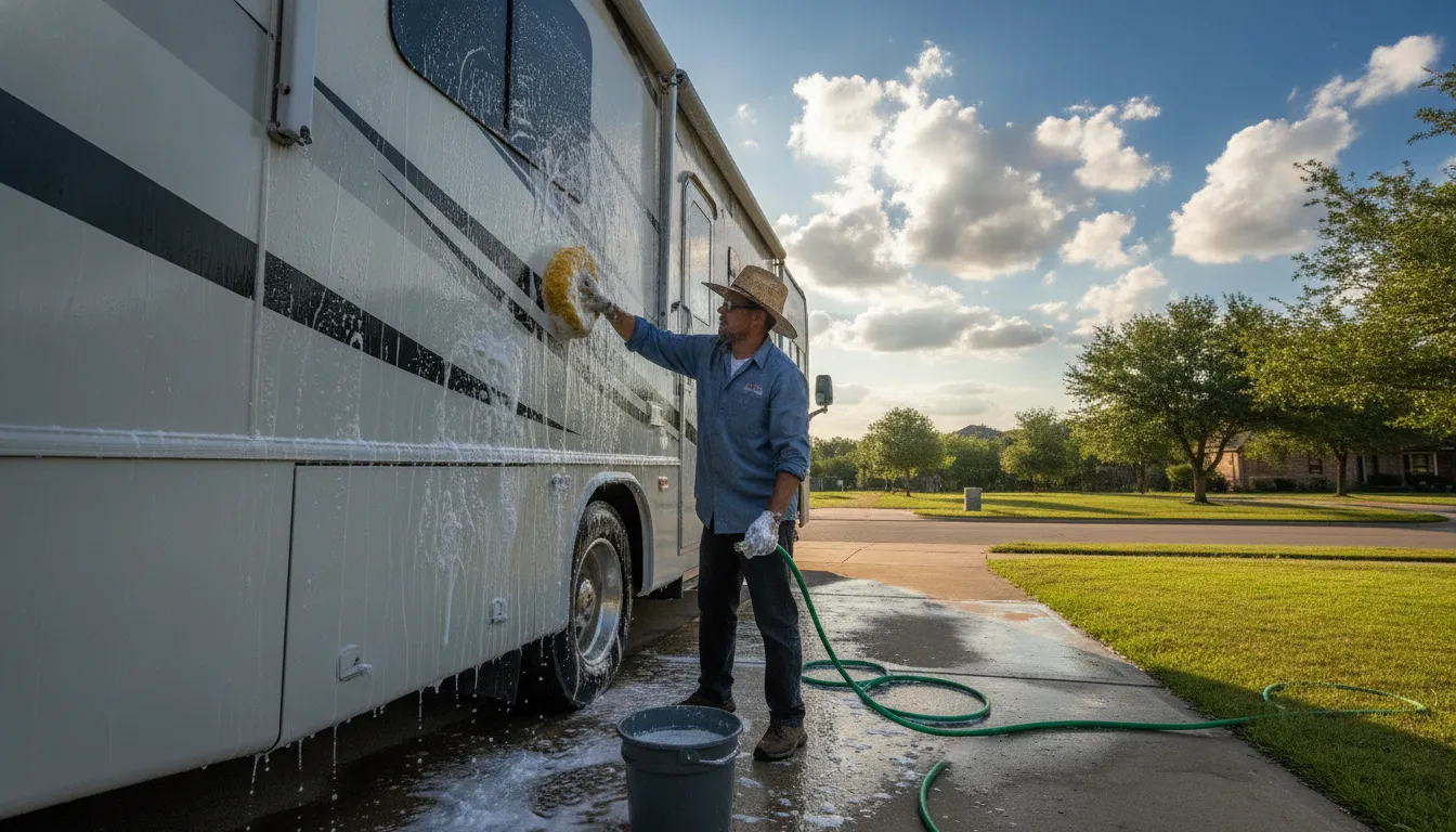RV owner hand washing a motorhome exterior with a soft sponge during a DIY cleaning session
