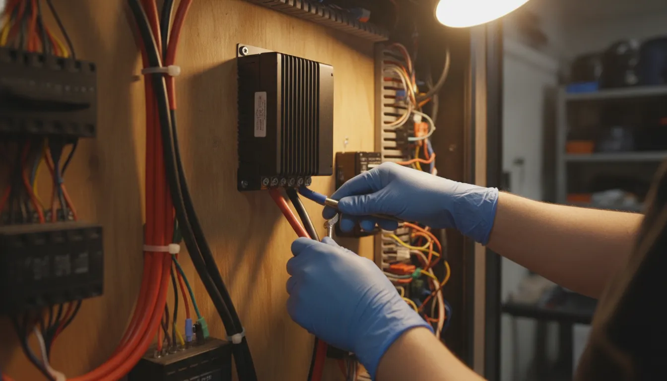 Technician connecting solar panel cables to an MPPT charge controller in an RV electrical bay