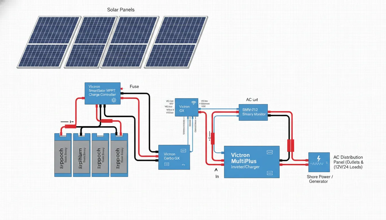 Victron Energy RV Solar System Component Layout Victron Energy RV solar system component diagram showing MultiPlus inverter, SmartSolar MPPT, Cerbo GX, lithium batteries, and solar panel connections