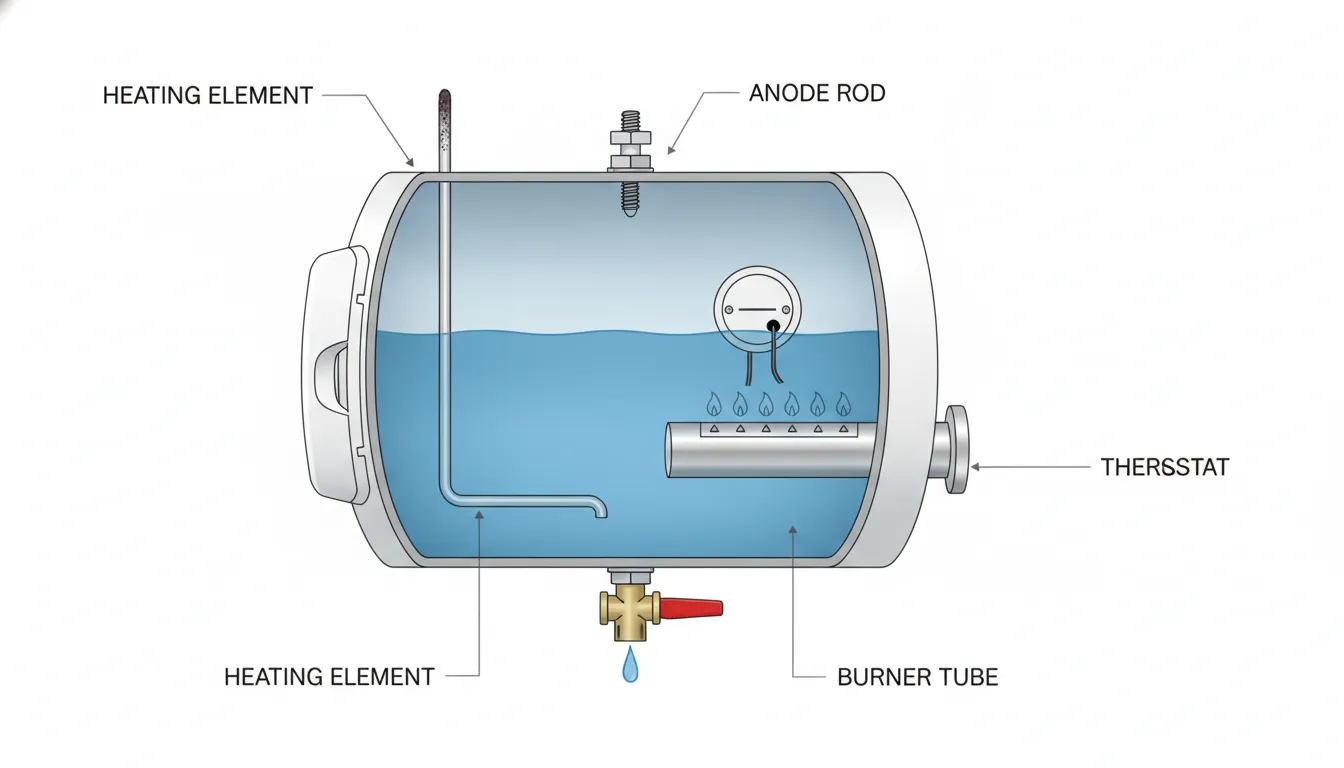 RV water heater cross-section diagram showing internal components including heating element, anode rod, and thermostat