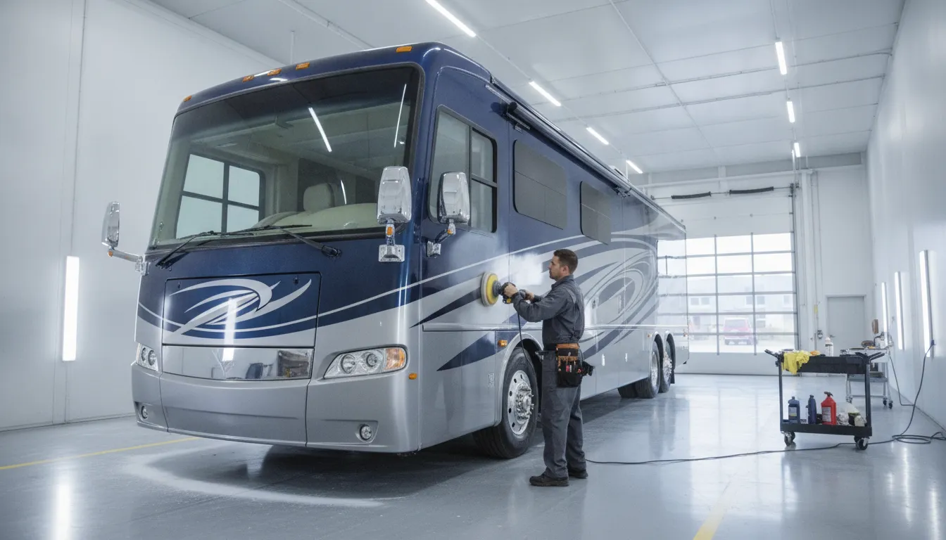 Professional detailer polishing and waxing an RV exterior with an electric buffer in a workshop