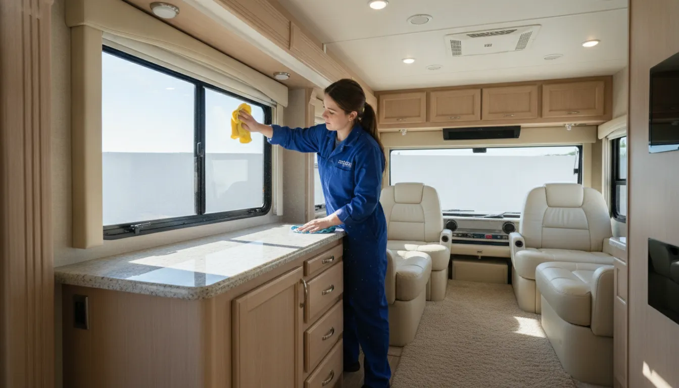 Technician cleaning the kitchen countertop and window inside a motorhome during interior detailing