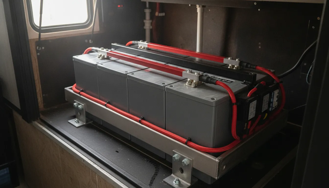 Lithium battery bank mounted in a custom steel tray inside an RV basement compartment with clean bus bar wiring