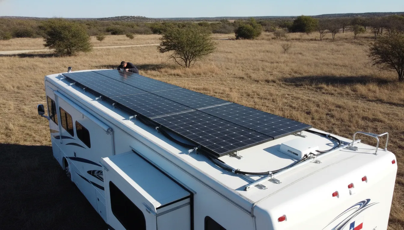 Professional RV Solar Panel Installation RV solar panel installation on a North Texas motorhome roof showing mounted panels and cable routing