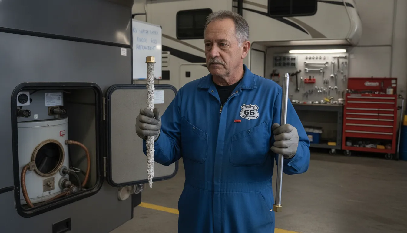 Comparison of old corroded anode rod beside new replacement anode rod for RV water heater