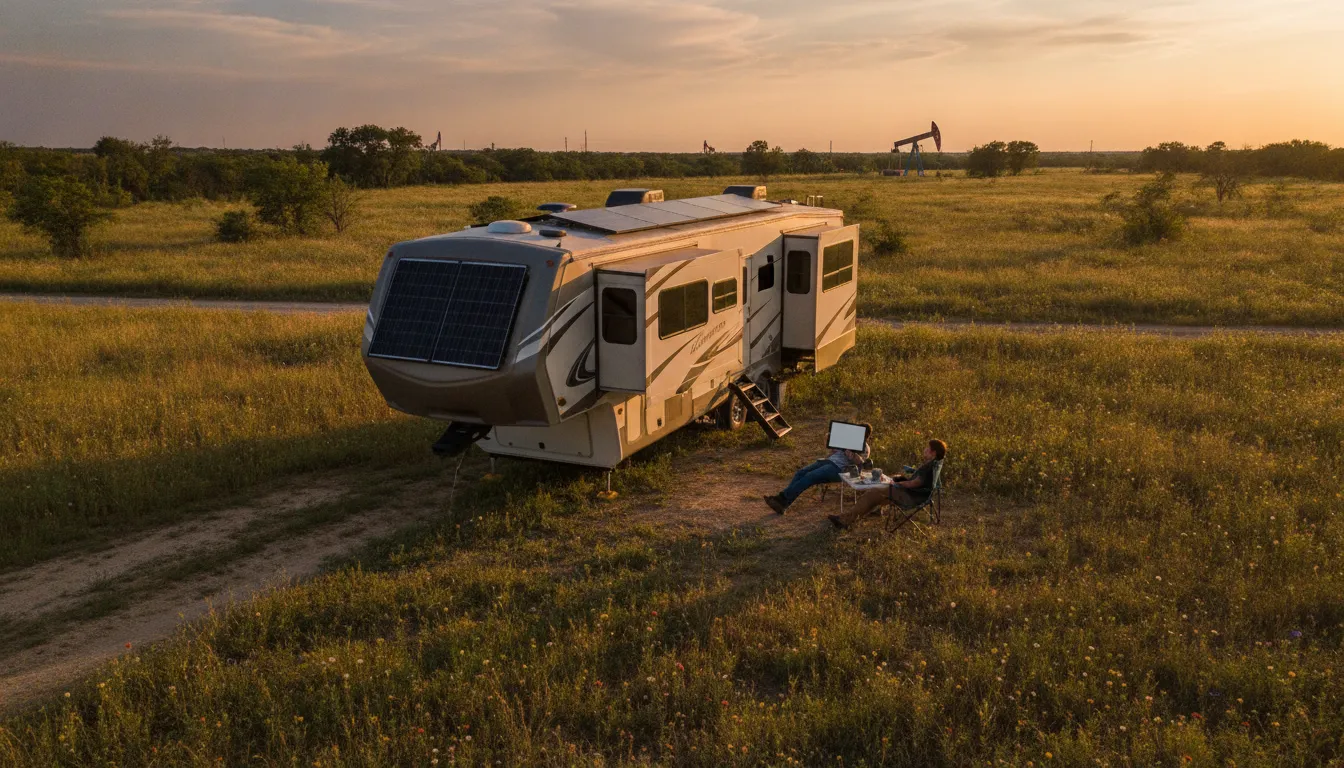 Fifth-wheel trailer parked in a sunny Texas field with solar panels on the roof and an owner monitoring power on a tablet