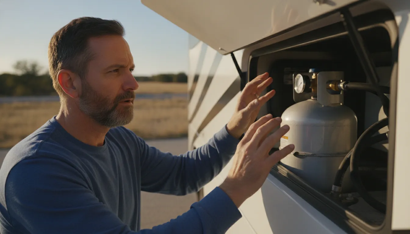 RV owner completing a visual propane compartment safety check