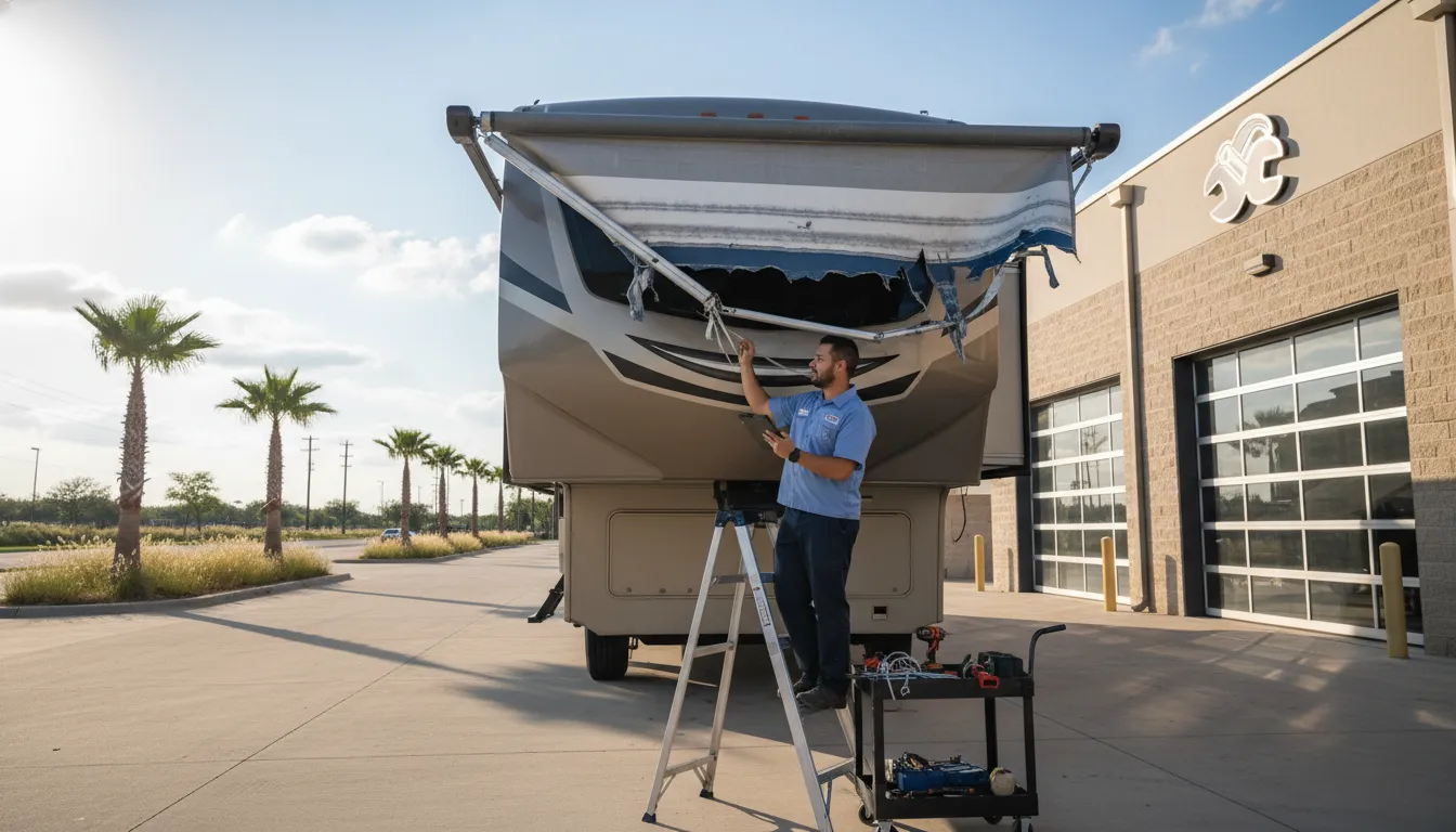 RV awning repair vs replacement inspection of fabric arms and roller