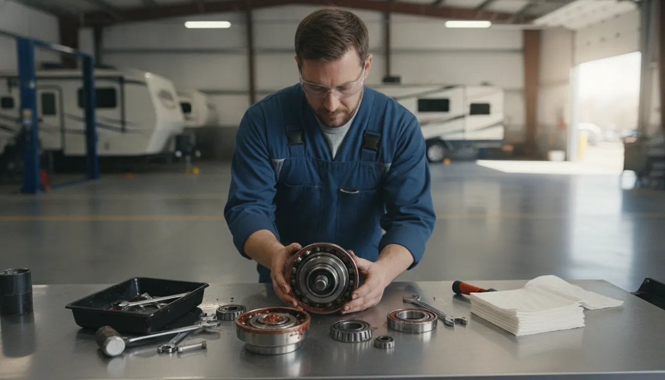 RV wheel bearing and hub components prepared for inspection