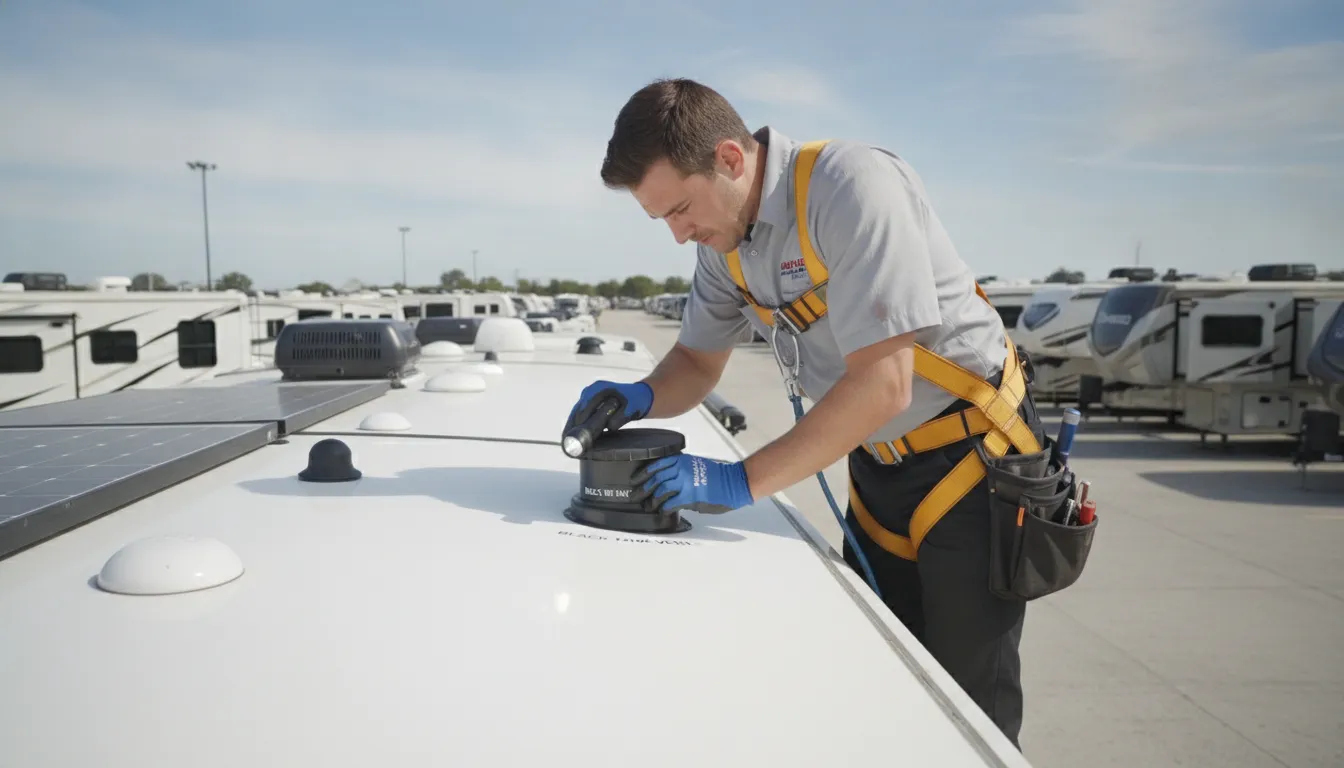 Technician inspecting a roof vent to find an RV black tank smell