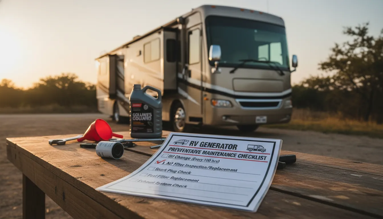 RV generator maintenance checklist load test before leaving Denton Texas