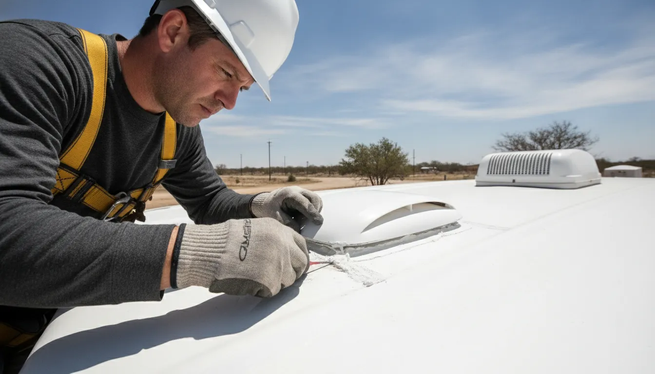 Technician checking RV roof vent sealant during an inspection
