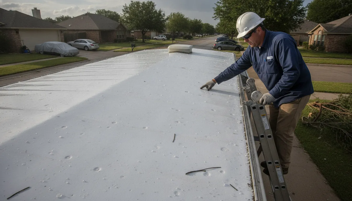 Technician inspecting an RV roof for North Texas hail damage