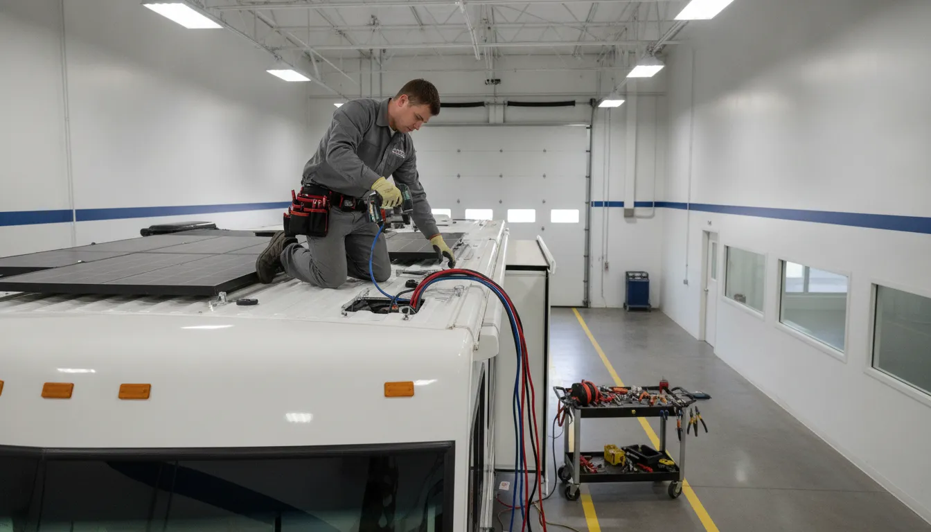 Technician completing an RV solar installation in a service bay