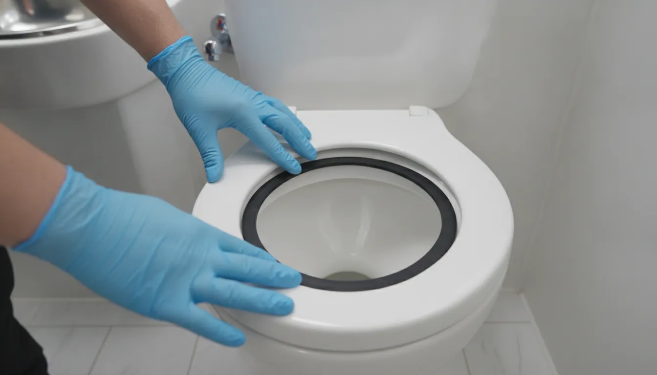 Technician inspecting a toilet seal while diagnosing an RV black tank smell