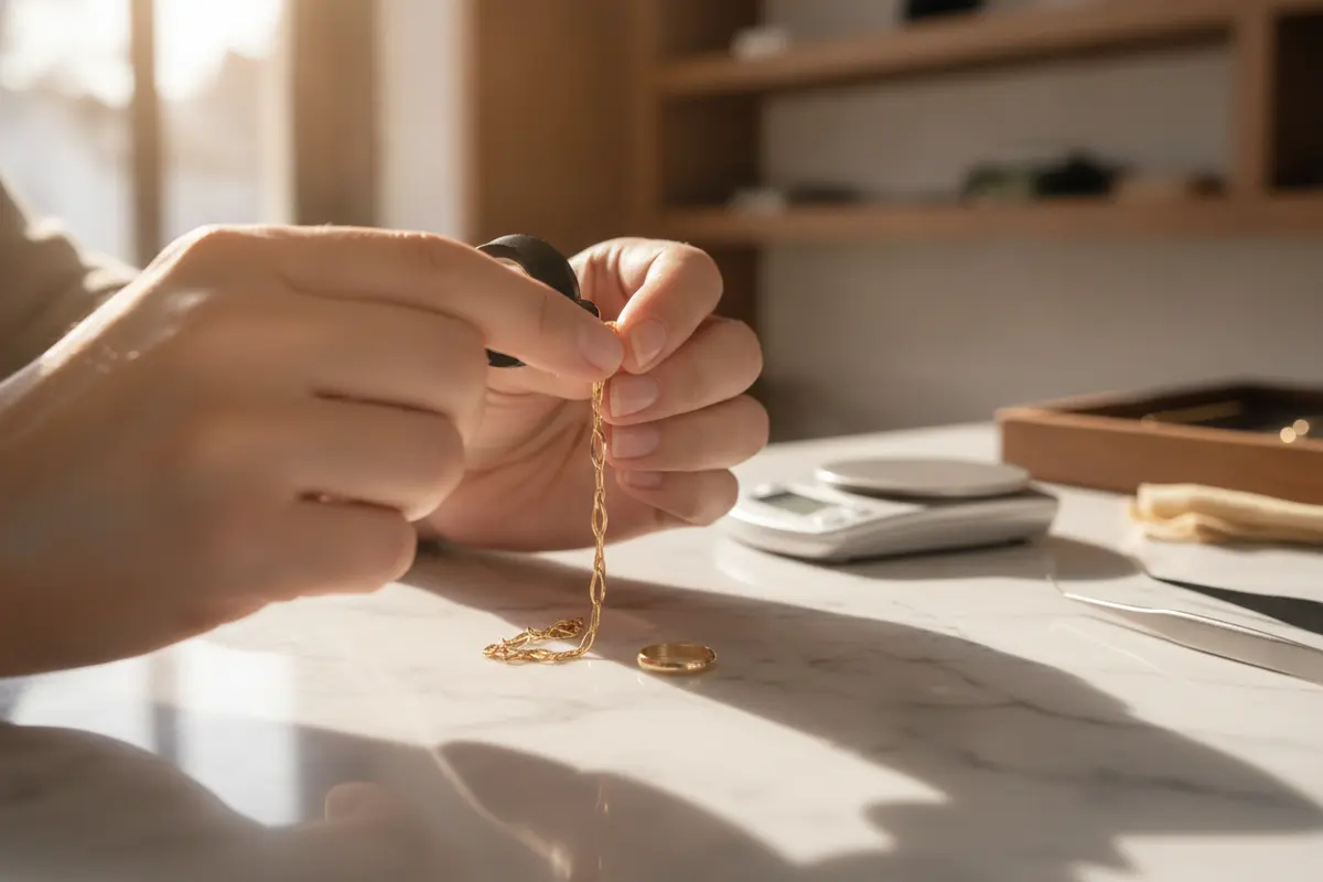 A jeweler examines a gold chain and ring with a loupe