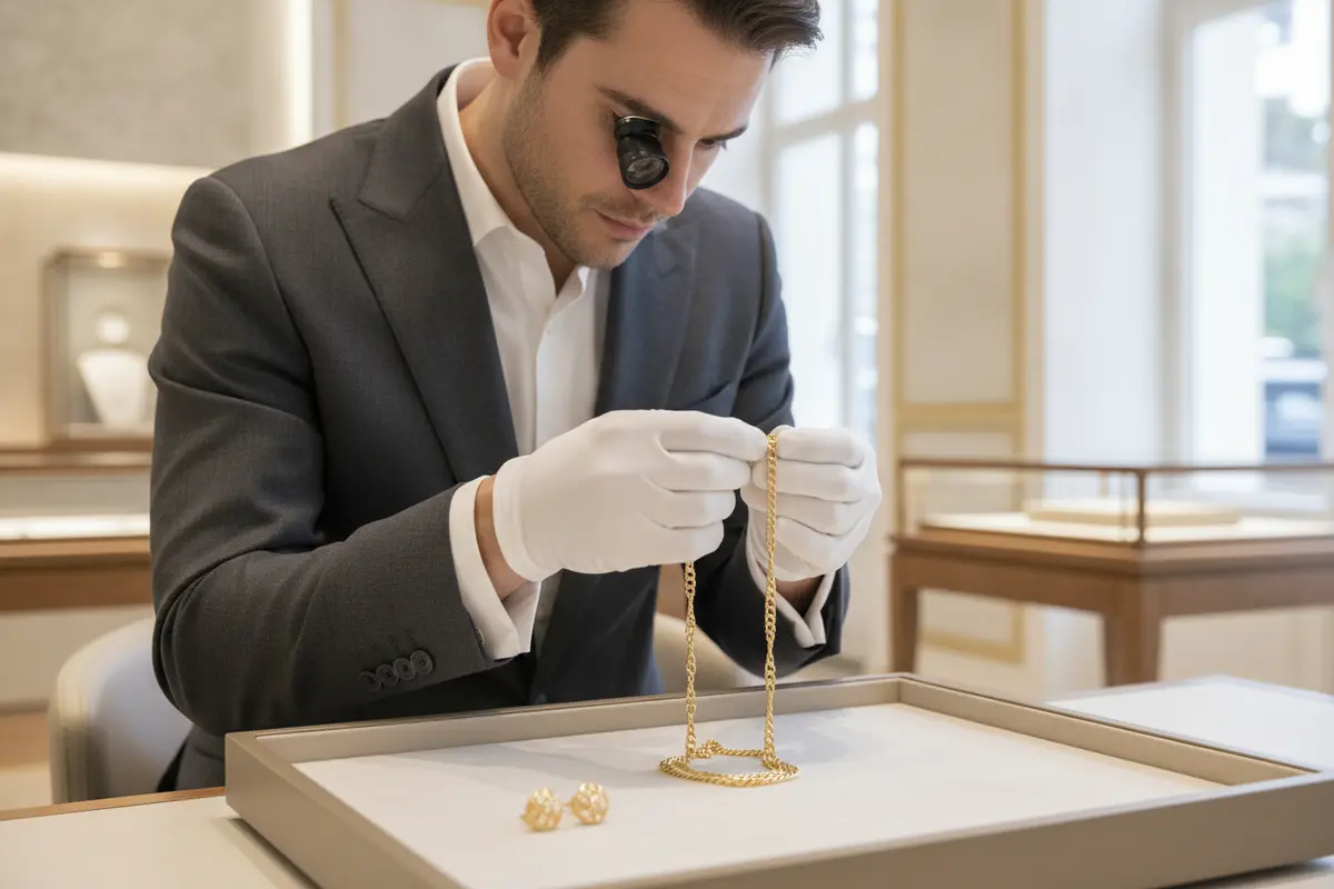 A jeweler examines a gold chain on an evaluation tray
