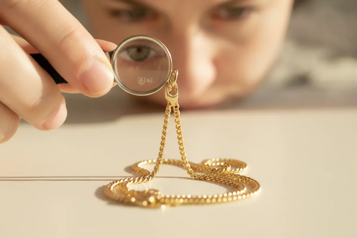 A loupe helps examine a gold jewelry hallmark without altering the piece