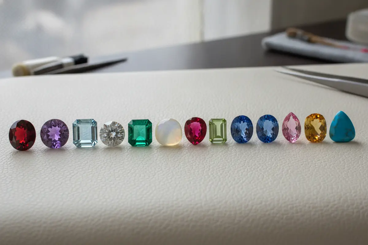 A selection of colorful gemstones arranged by birth month