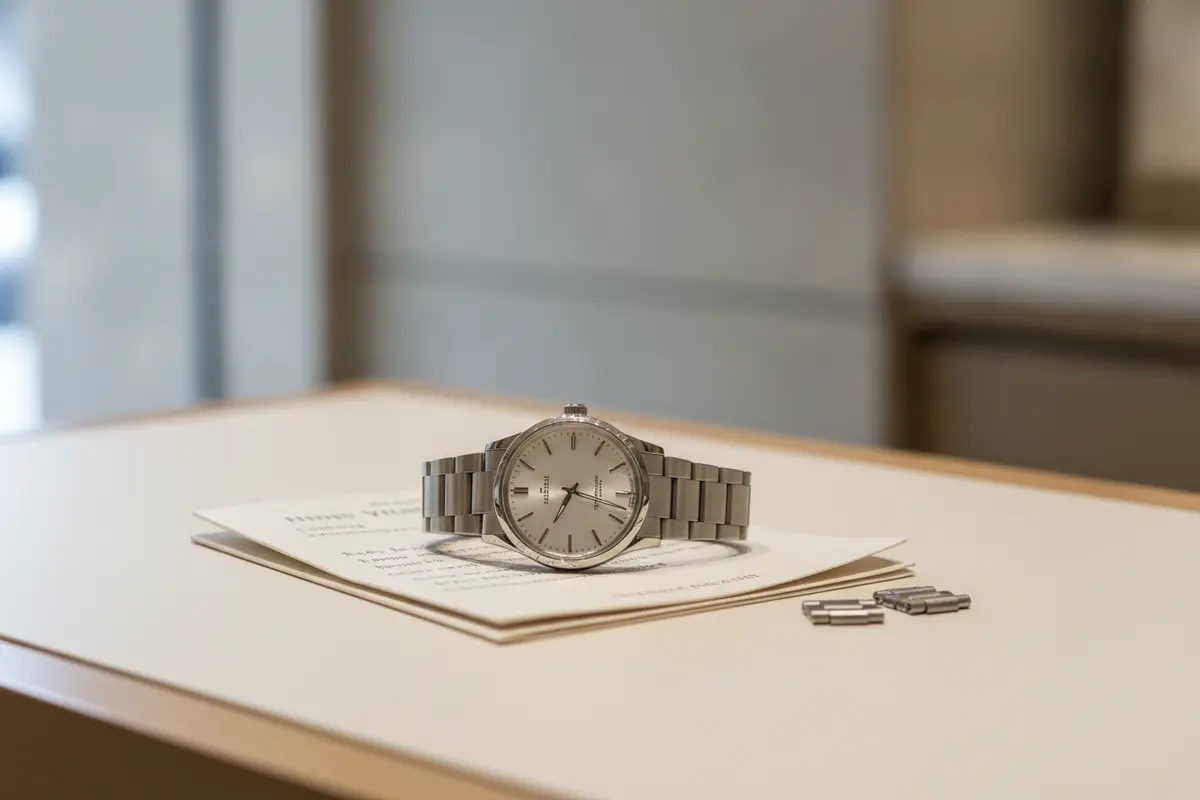 A wristwatch, service papers, and extra bracelet links arranged for an appraisal appointment