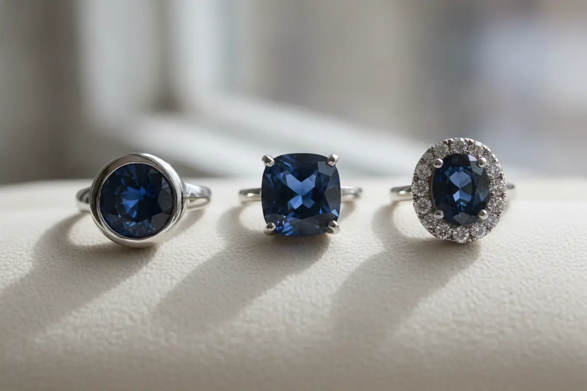 Blue sapphire jewelry shown in bezel, prong, and halo settings