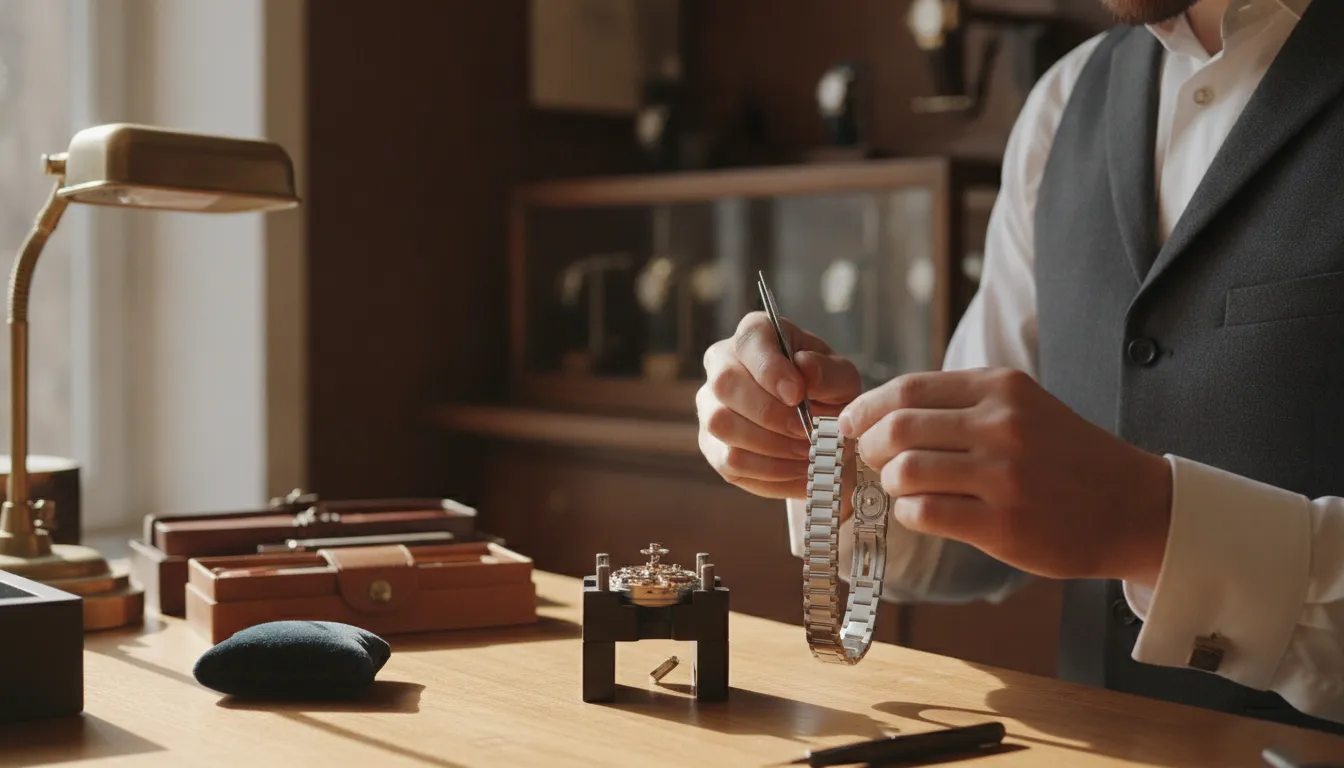 Watchmaker examining a metal bracelet as part of a watch repair assessment