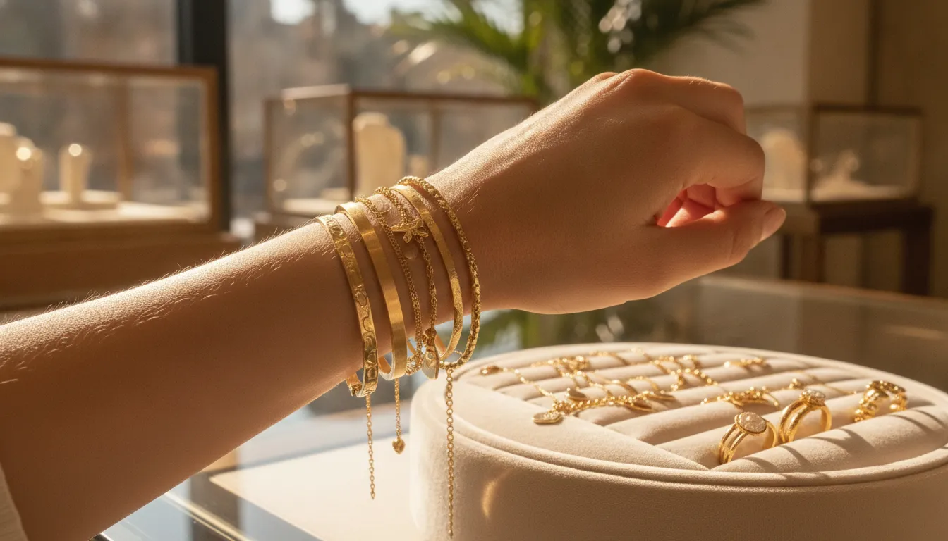 Layered gold bracelets for women showing varied chain textures and scale