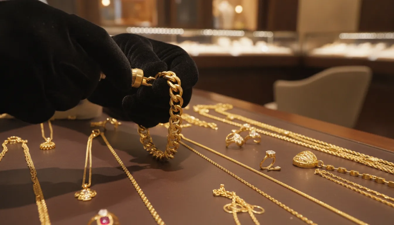 Jeweler evaluating the construction, clasp, and condition of a gold chain