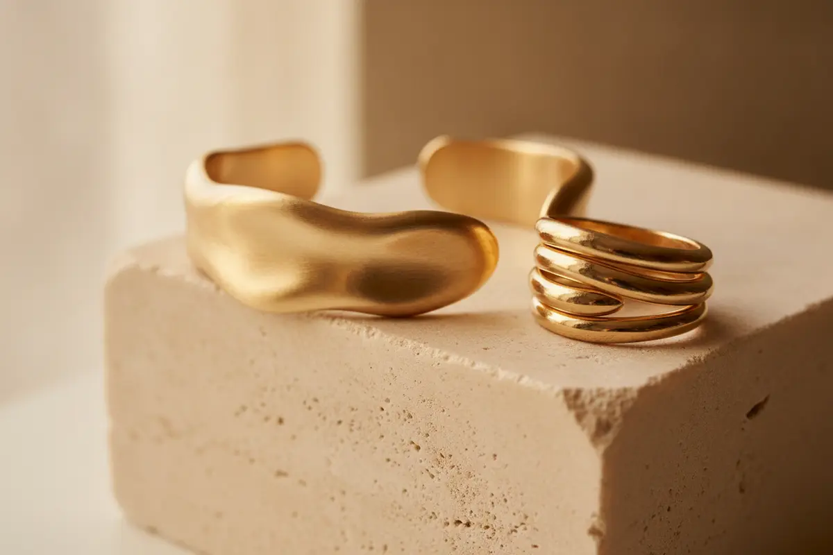 Close detail of textured gold jewelry showing a softly irregular finish