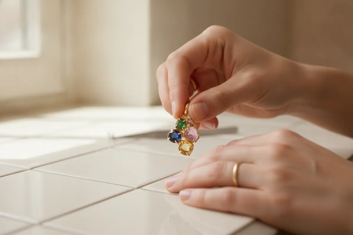 Close-up of a gemstone pendant setting being examined