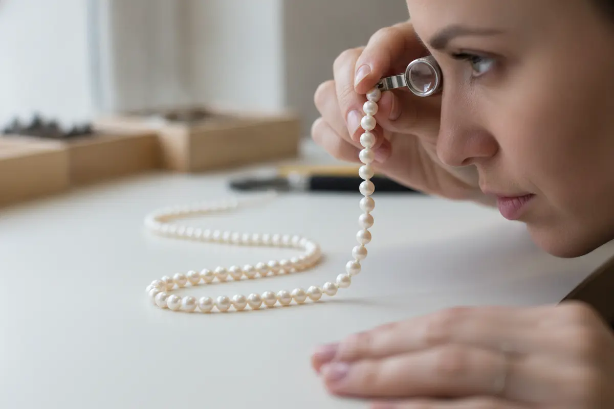 Close view of a pearl strand being checked for loose knots and worn thread