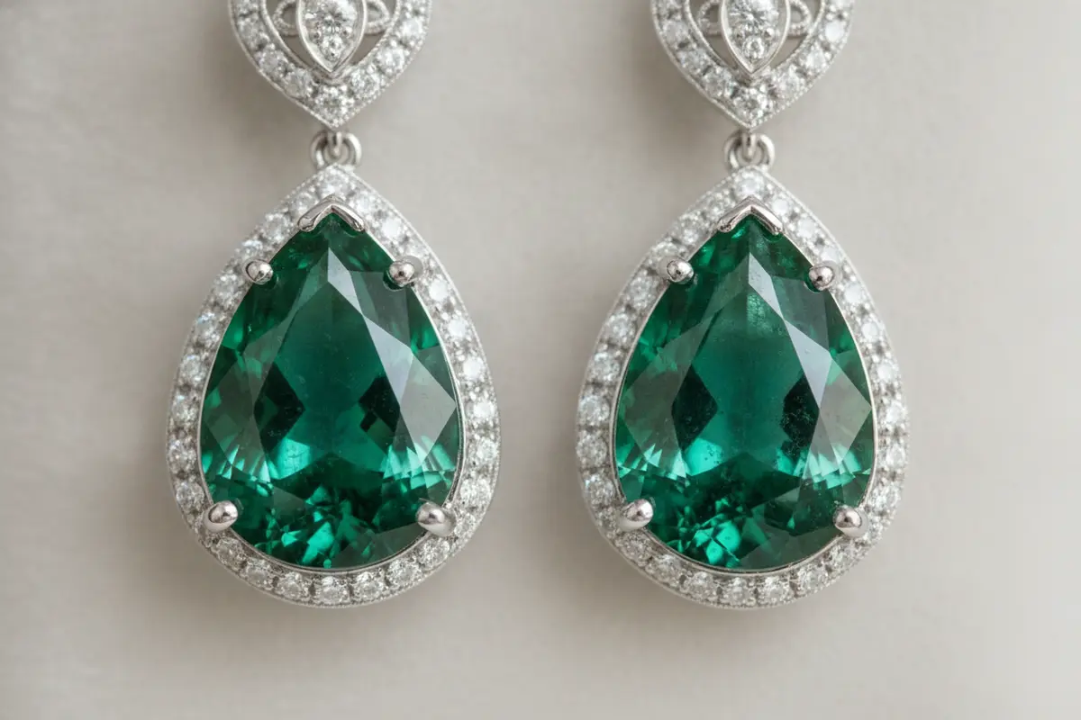 Close view of emerald earrings showing protective metal around the gemstones