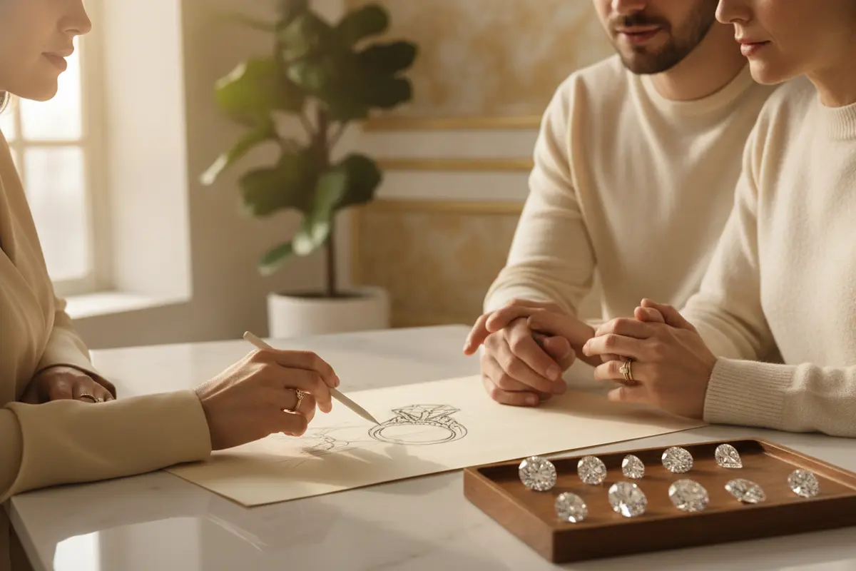 Couple reviewing a custom engagement ring sketch beside diamond options