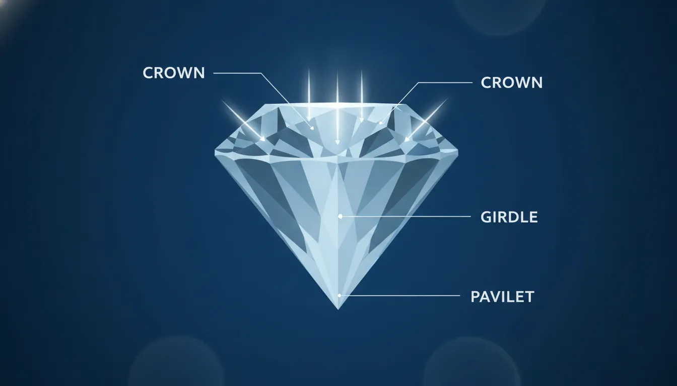 Illustration showing the anatomy of a diamond with crown, girdle, pavilion, and culet labeled with light ray paths through the stone