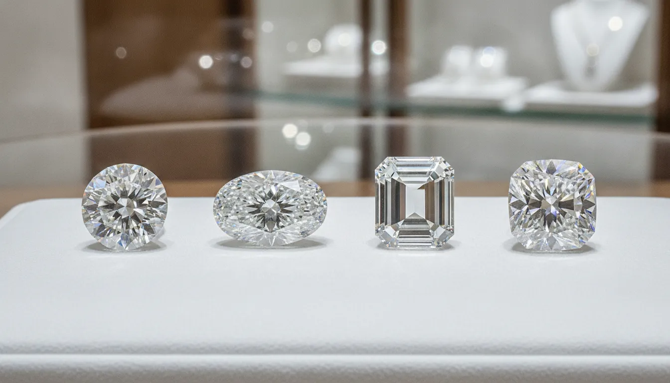 Comparison of four diamond cuts: round brilliant, oval, emerald, and radiant displayed side by side on a white surface in a jewelry store