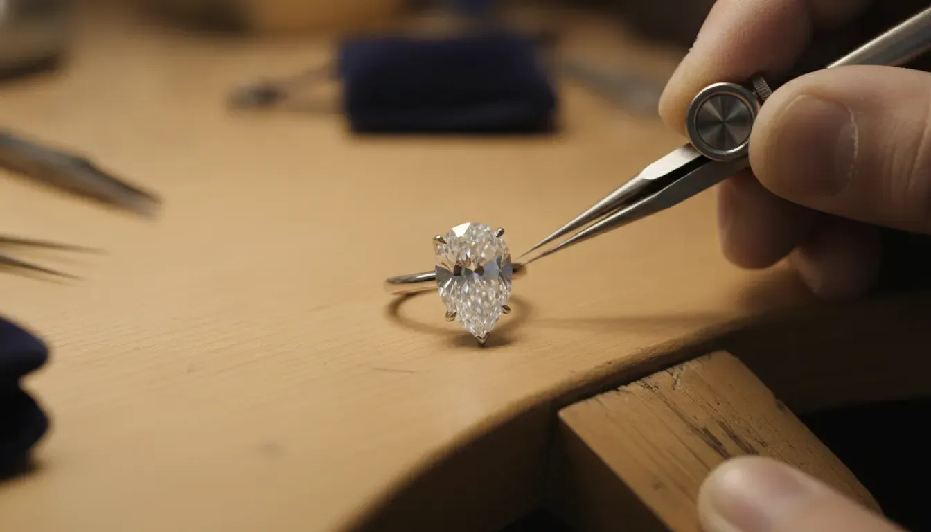 Jeweler examining diamond prongs for signs of a loose setting